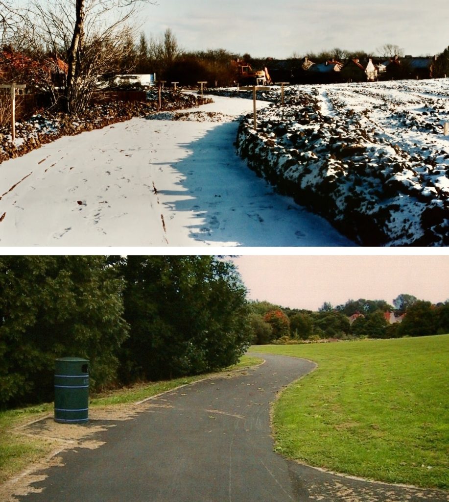 The same view under construction and after completion